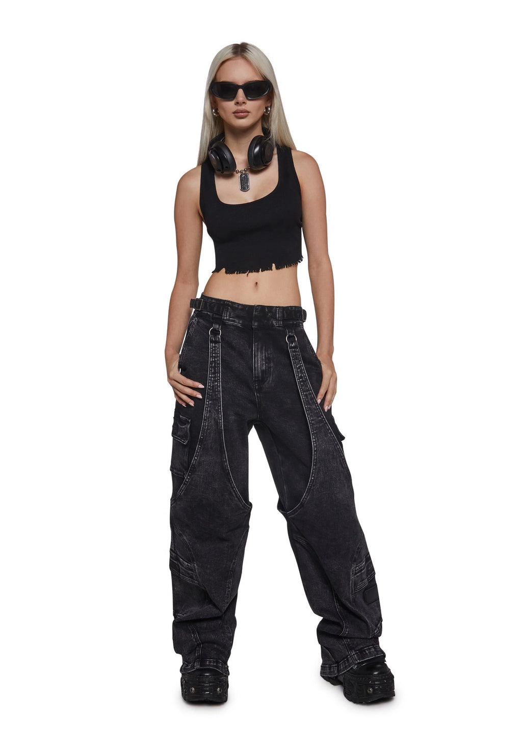 Washed Denim Wide-Leg Cargo Pants - Black