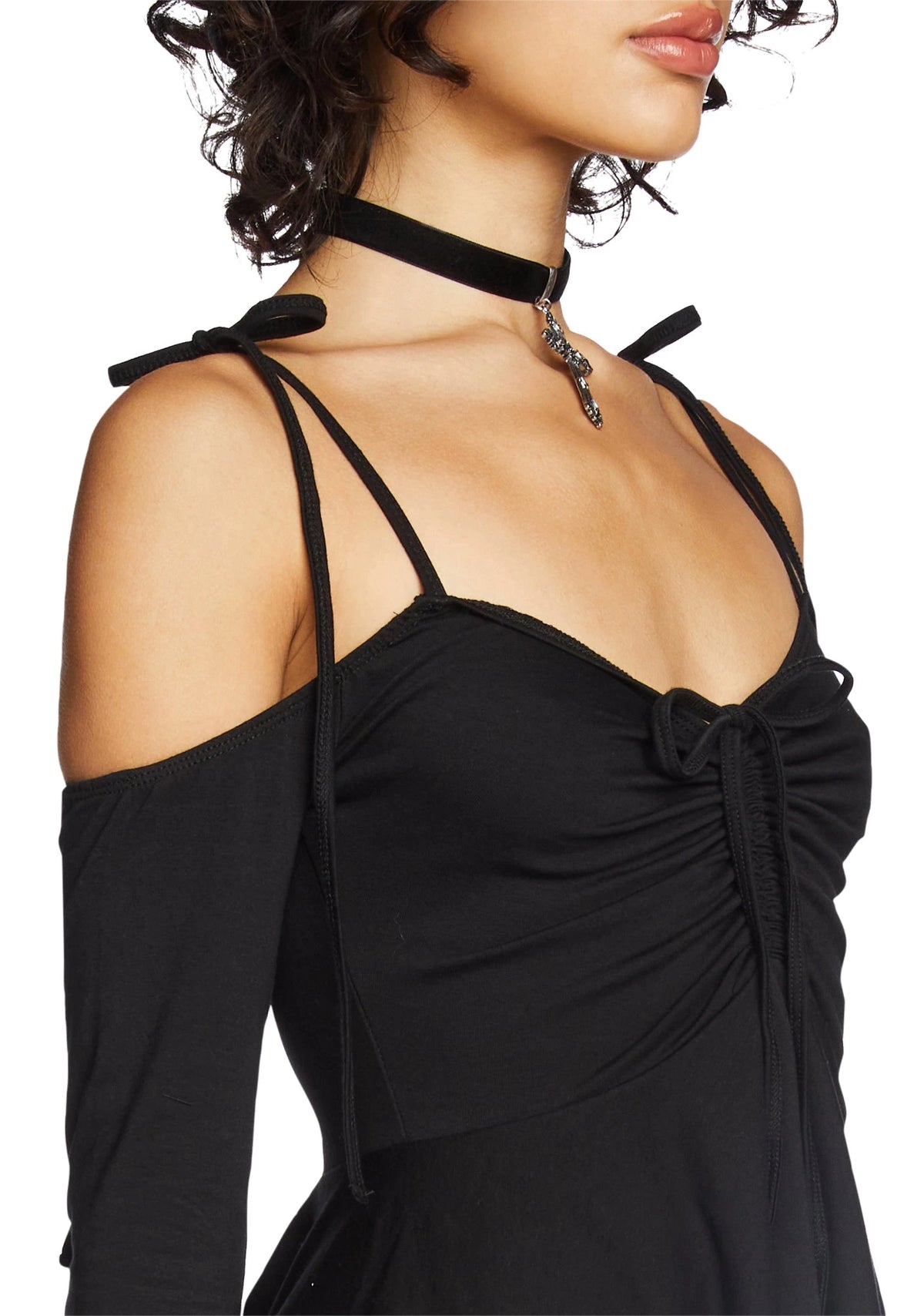Off-Shoulder Handkerchief Mini Dress - Black