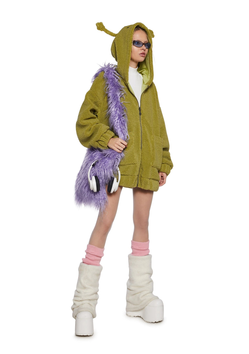 Hooded Sherpa Jacket With Alien Motif - Green