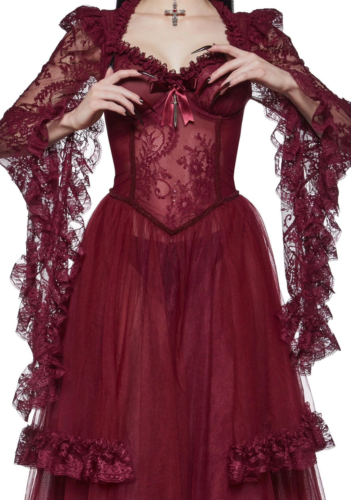 Lace Bodice Sheer Maxi Dress - Burgundy