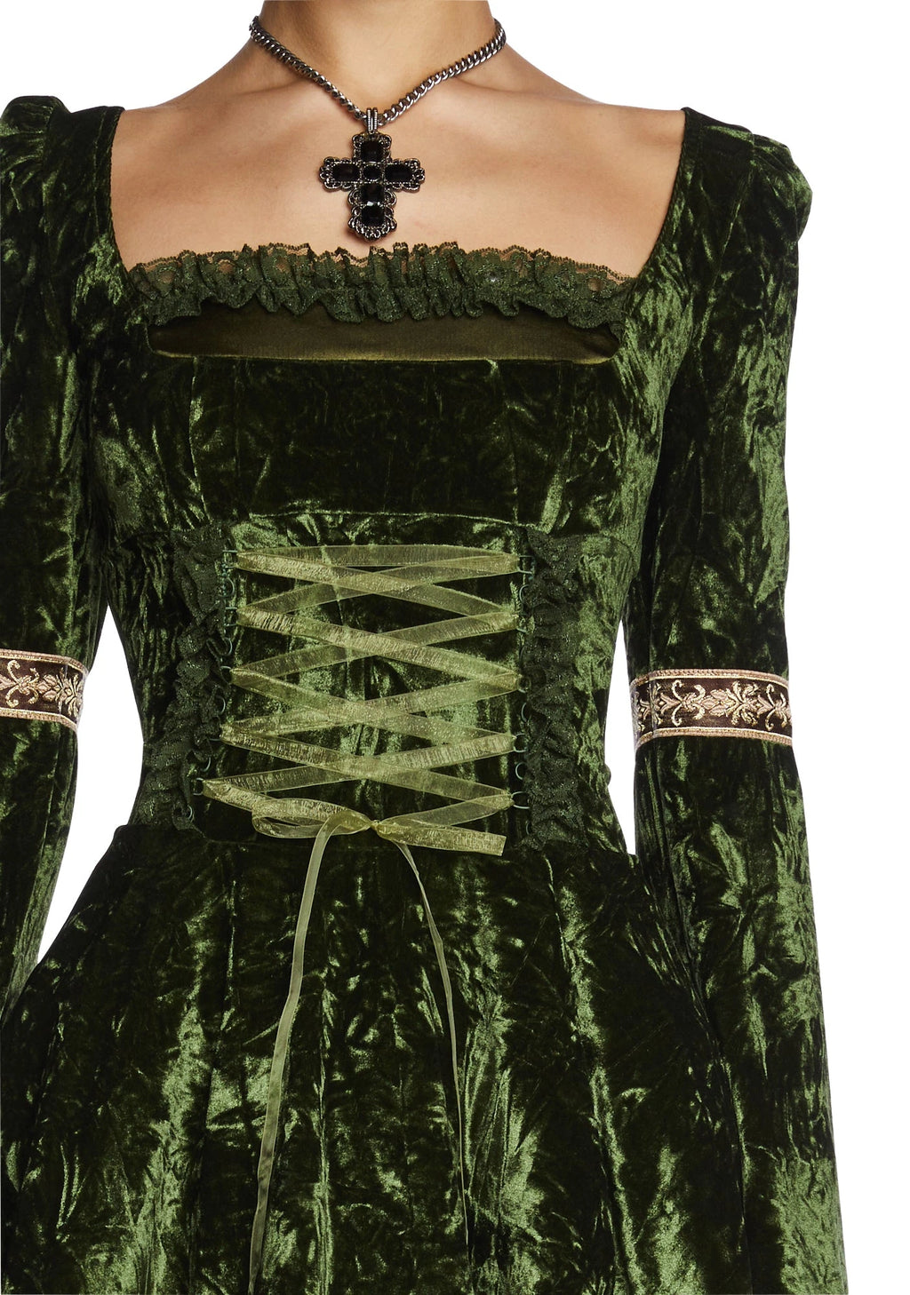 Velour Puff Sleeve Mini Dress - Green
