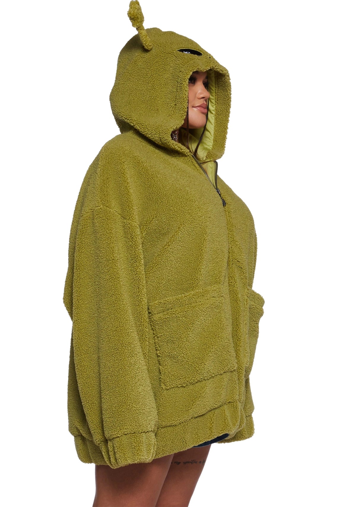 Hooded Sherpa Jacket With Alien Motif - Green