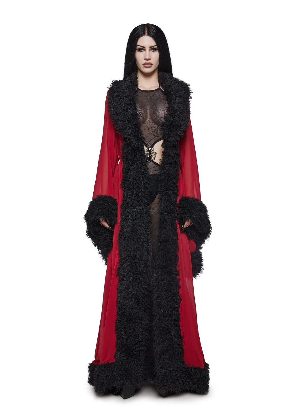 Sheer Faux Fur Trim Maxi Robe - Dark Red