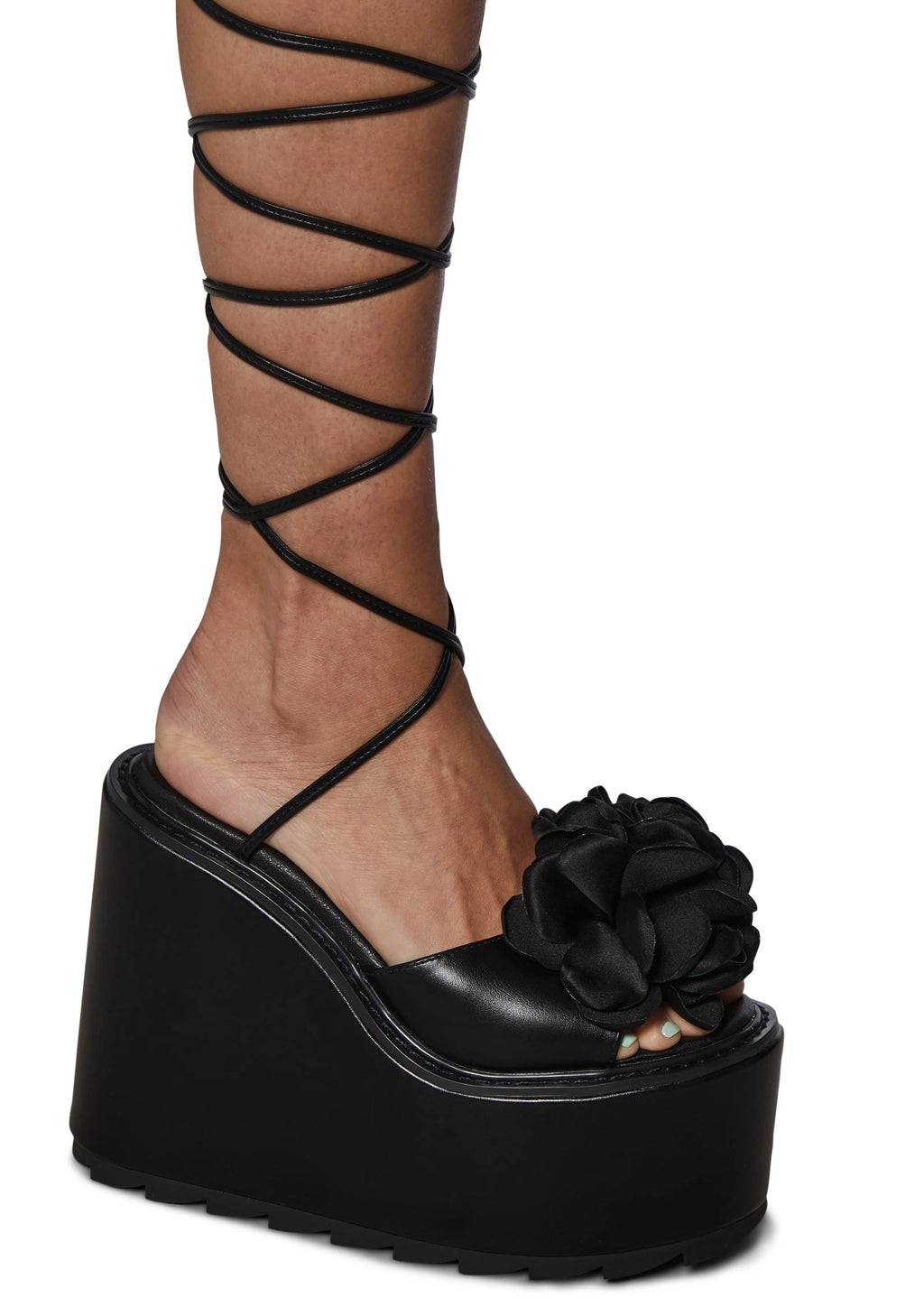 Floral Lace-Up Platform Wedge Sandals - Black