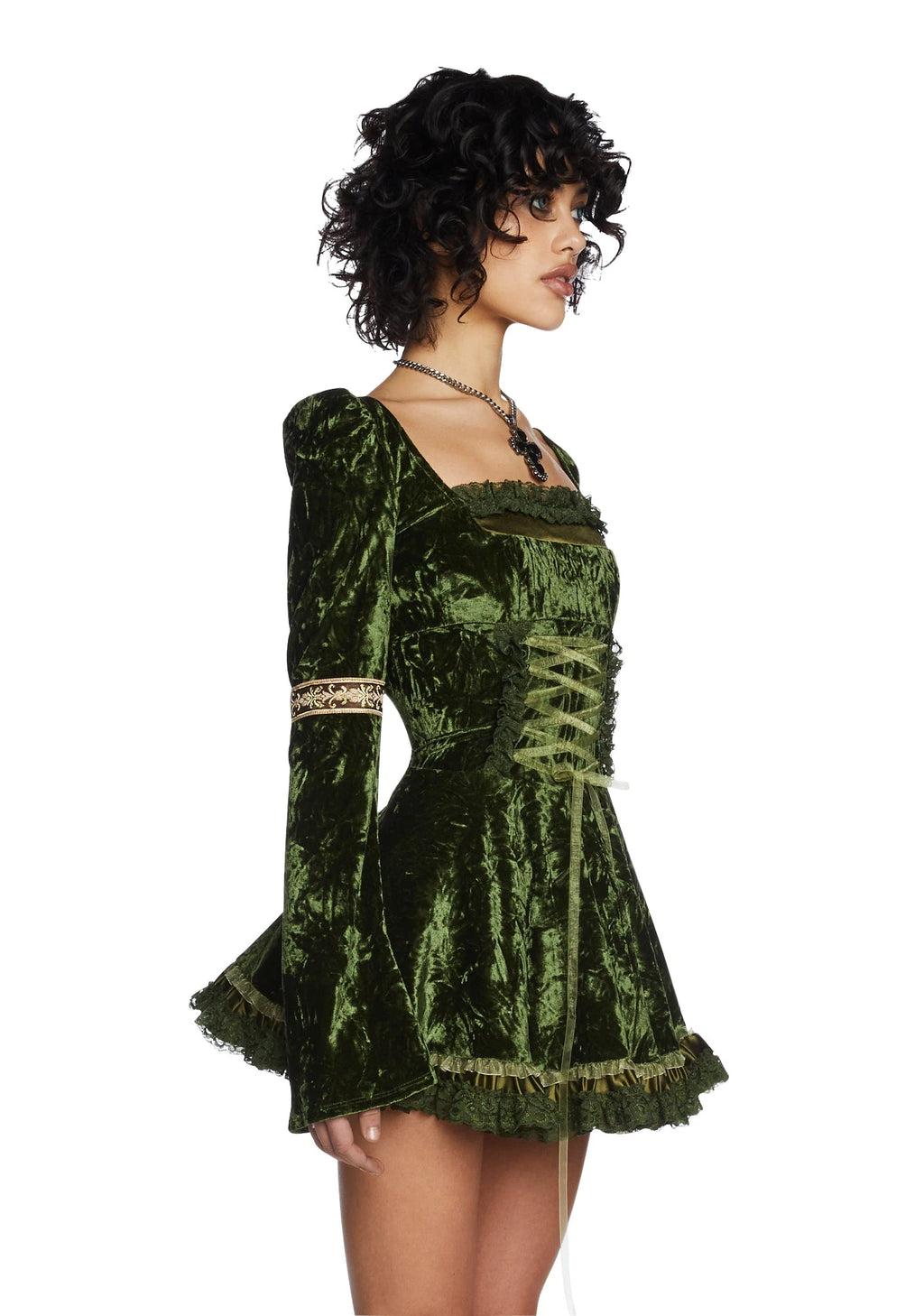 Velour Puff Sleeve Mini Dress - Green