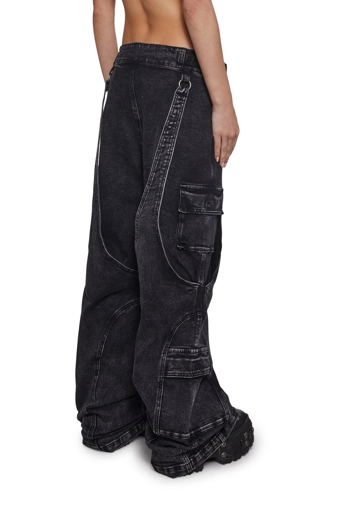 Washed Denim Wide-Leg Cargo Pants - Black