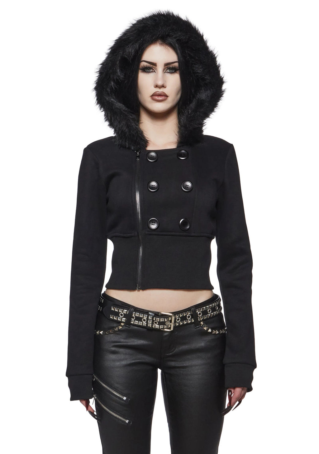 Cropped Fleece Jacket With Faux Fur Hood - Black