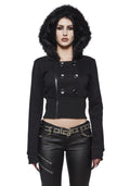Cropped Fleece Jacket With Faux Fur Hood - Black
