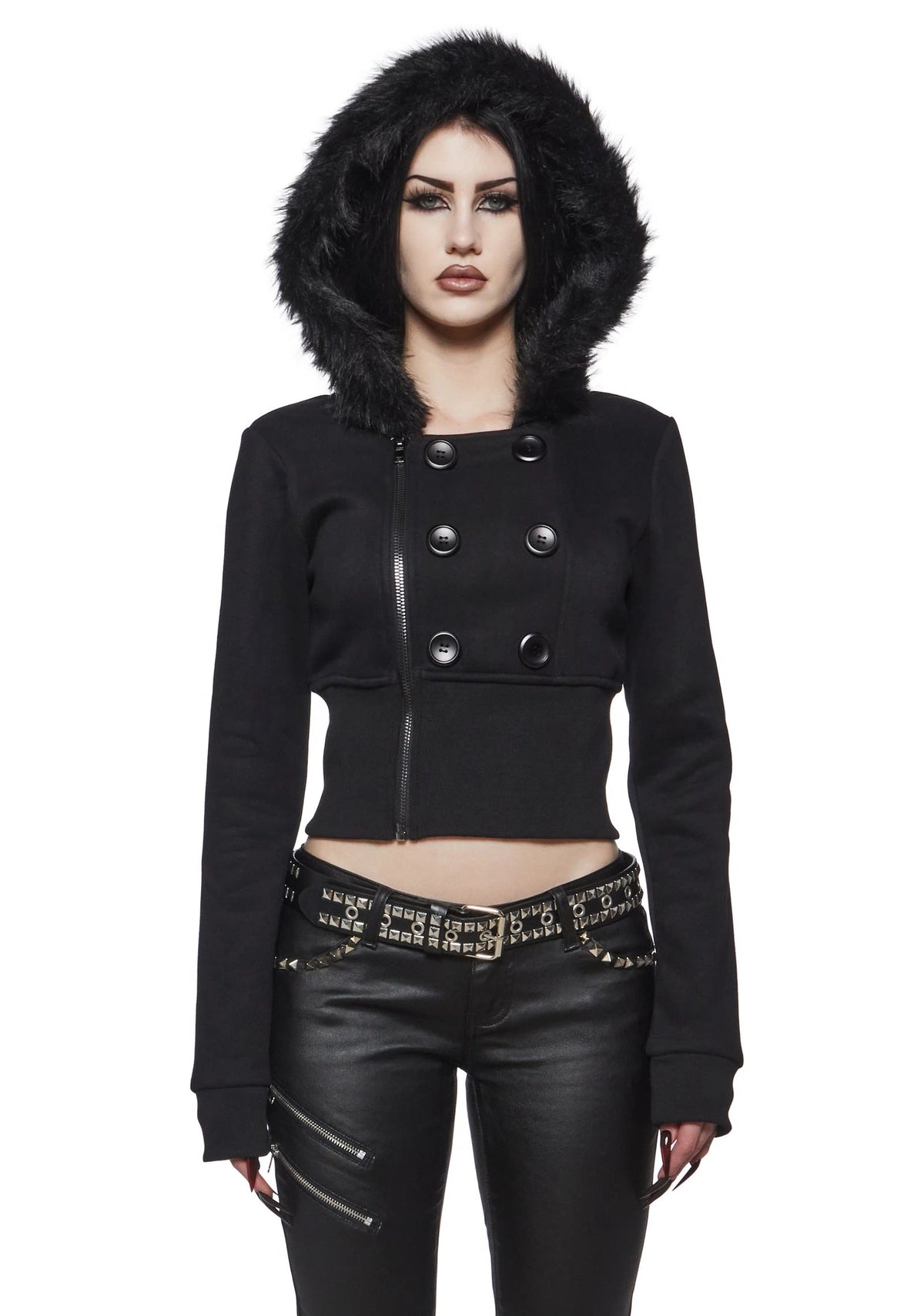 Cropped Fleece Jacket With Faux Fur Hood - Black