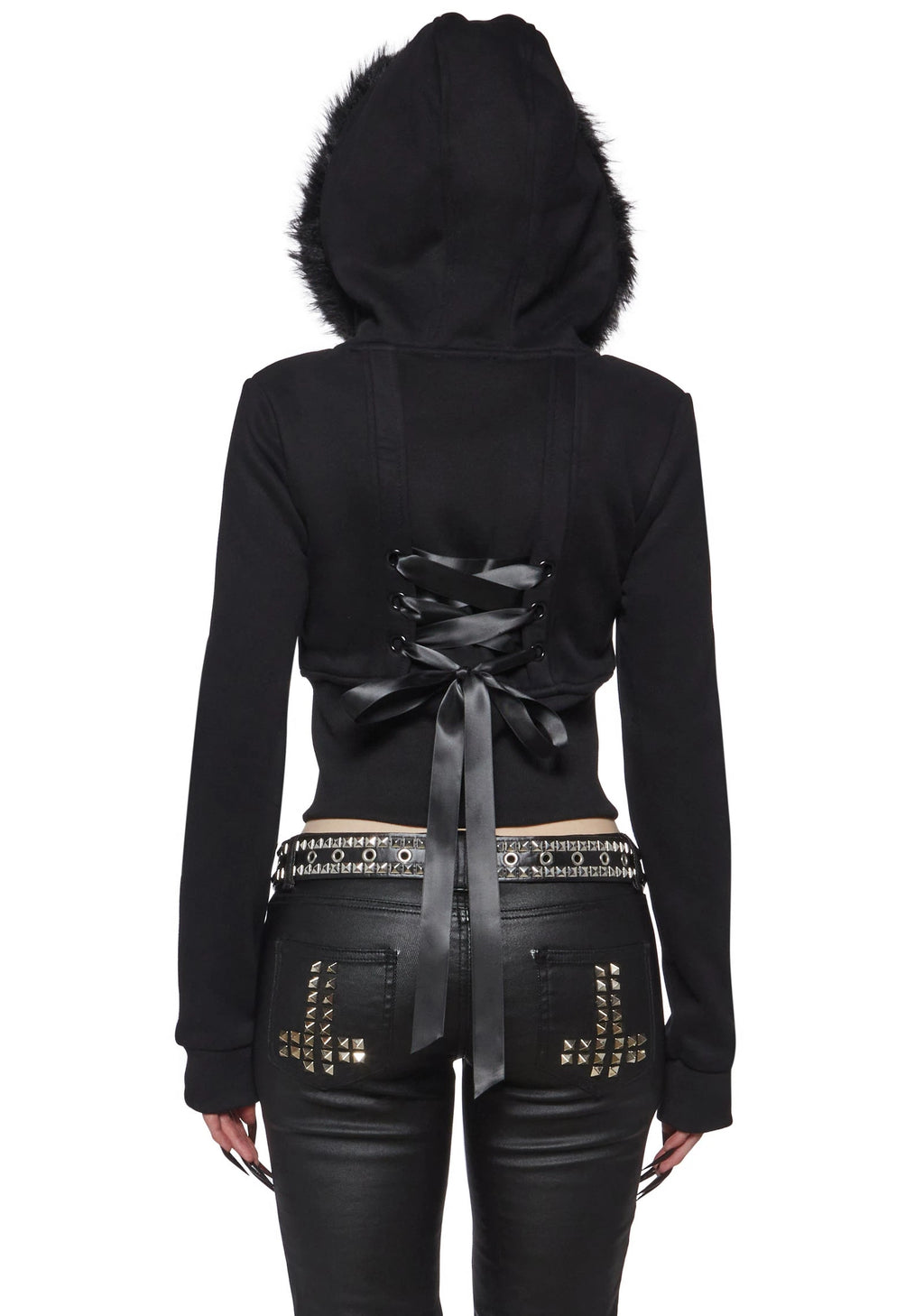 Cropped Fleece Jacket With Faux Fur Hood - Black