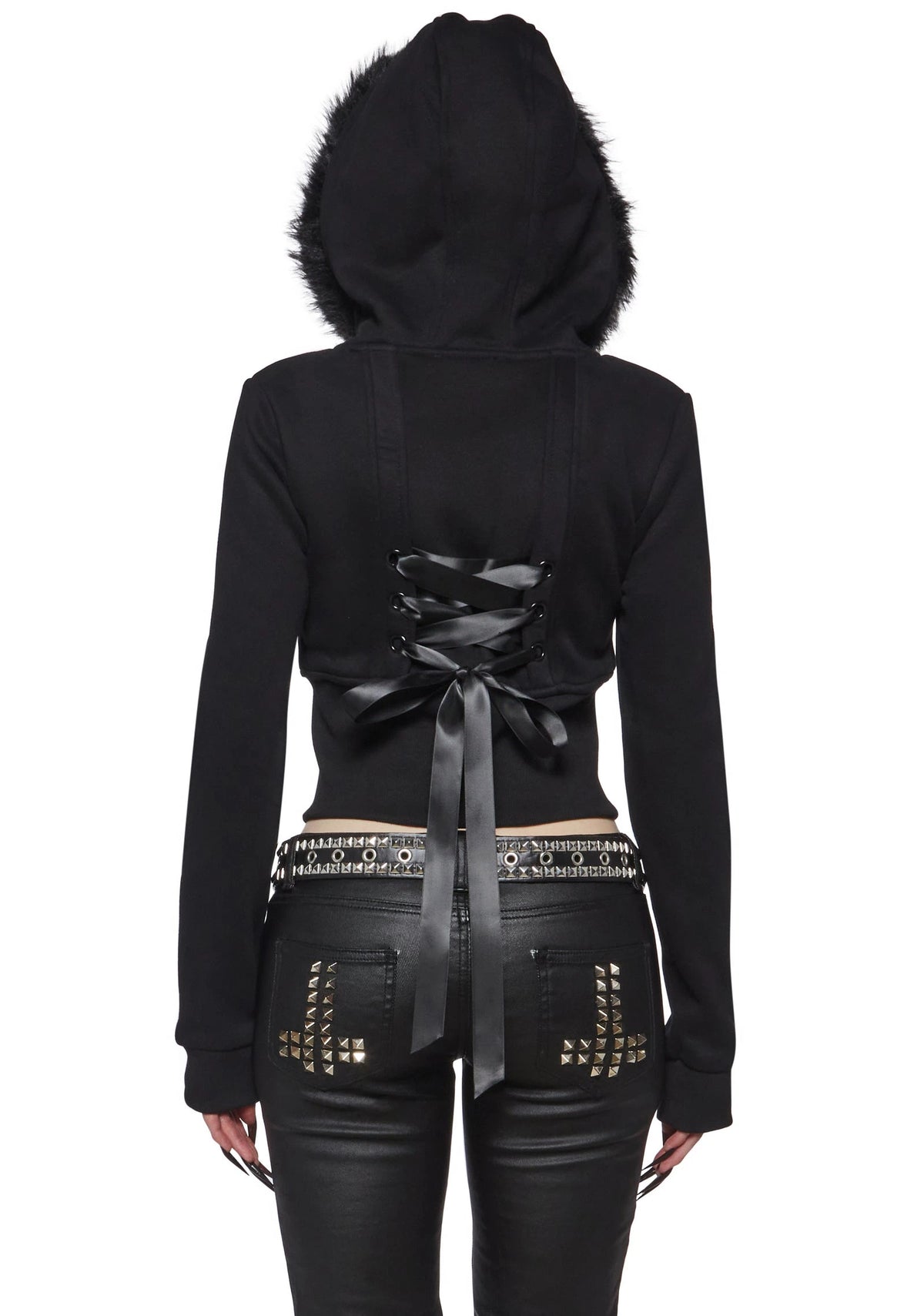 Cropped Fleece Jacket With Faux Fur Hood - Black