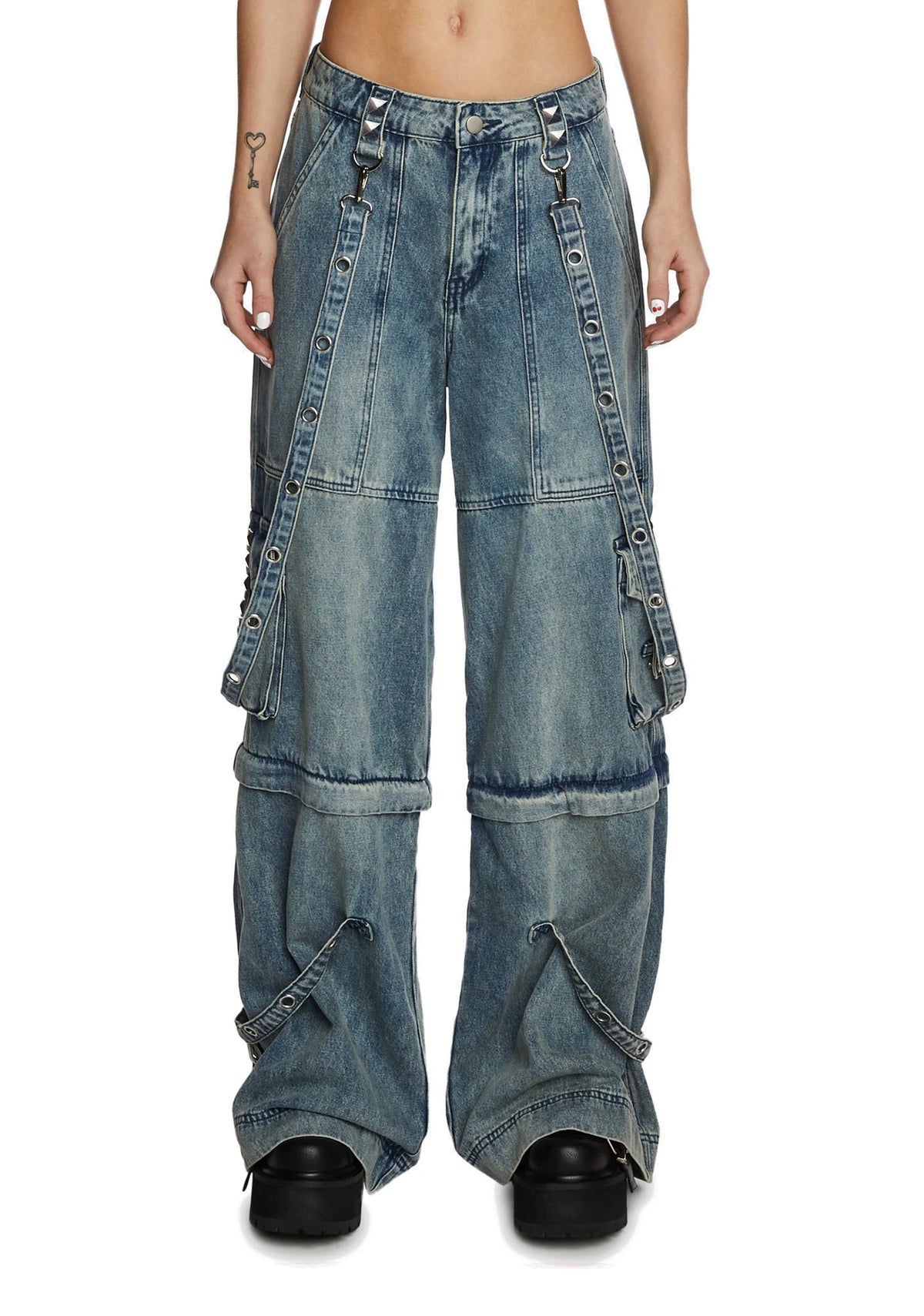 Convertible Wide Leg Cargo Jeans - Blue