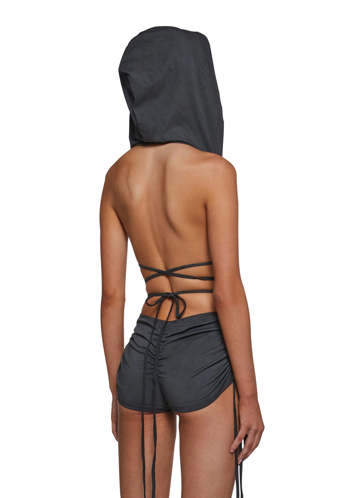 Hooded Backless Ruched Romper - Black