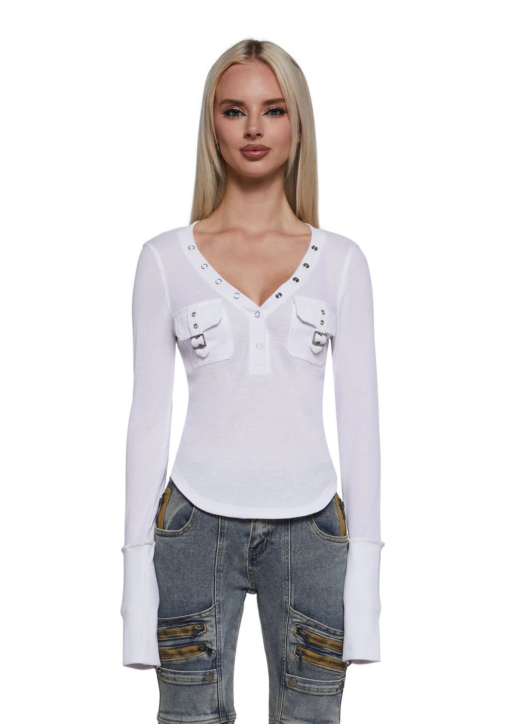 Waffle Knit Cargo Pocket Crop Top - White