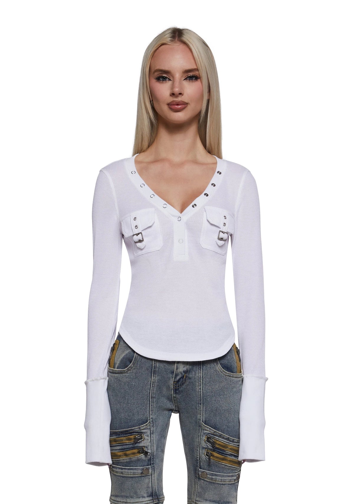 Waffle Knit Cargo Pocket Crop Top - White