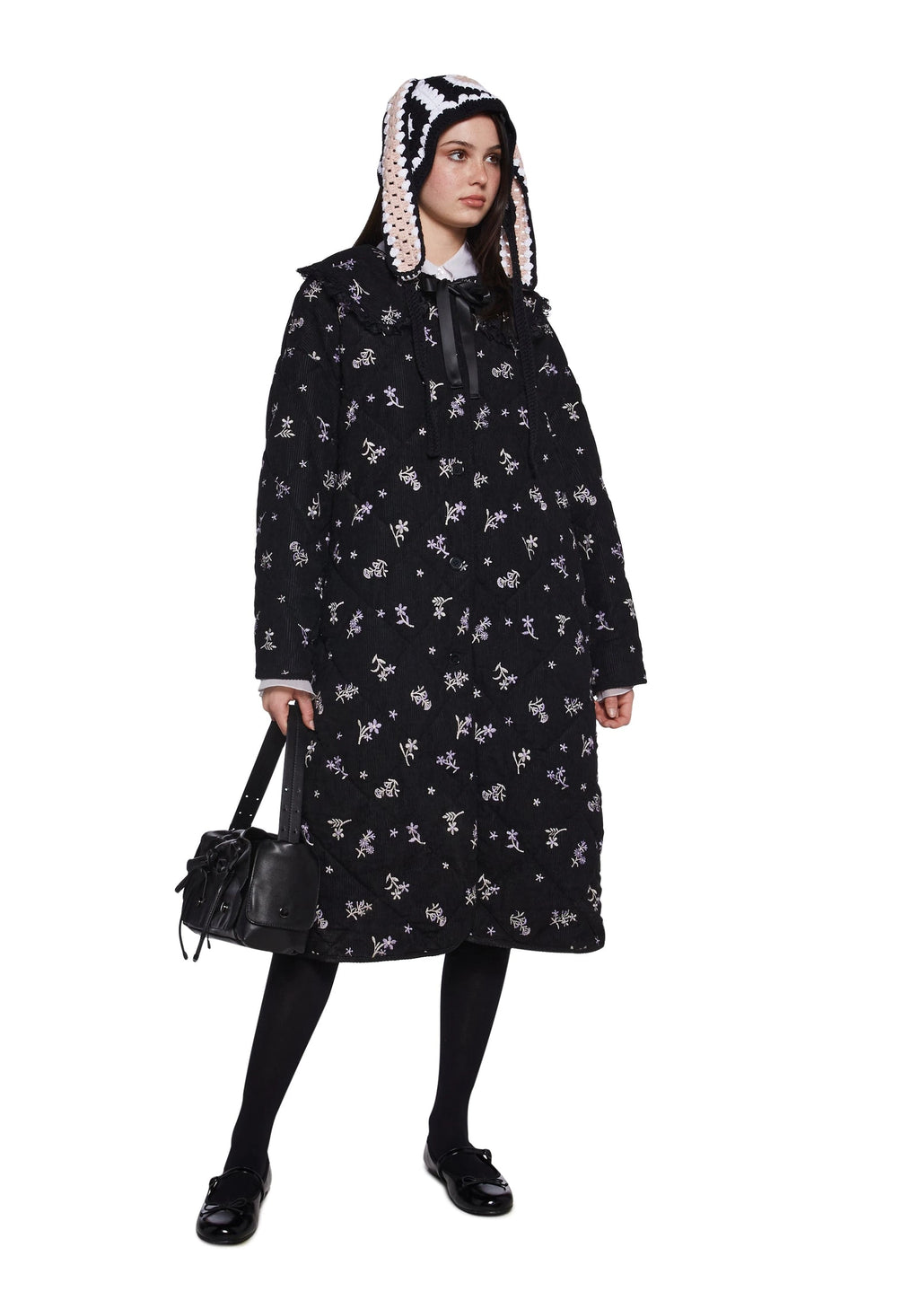 Quilted Corduroy Maxi Coat - Black