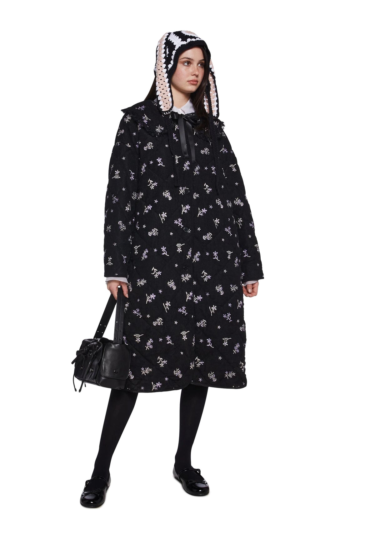 Quilted Corduroy Maxi Coat - Black