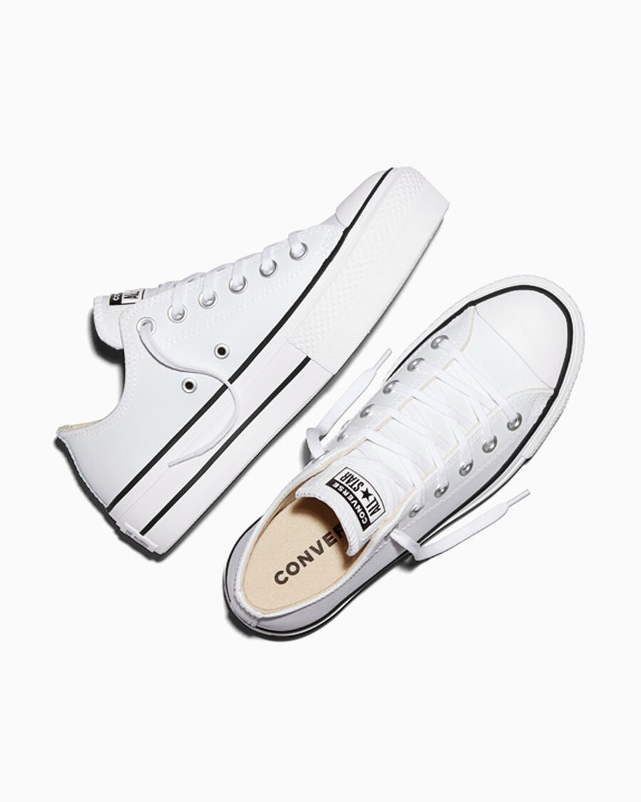 Women's Leather Platform Low Top Sneaker - White - White/Black/White
