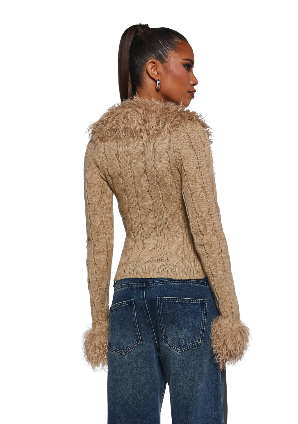Cable Knit Faux Fur Trim Cardigan - Off White
