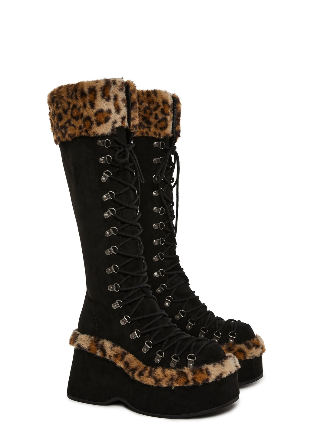 Leopard Trim Platform Lace-Up Boots - Black