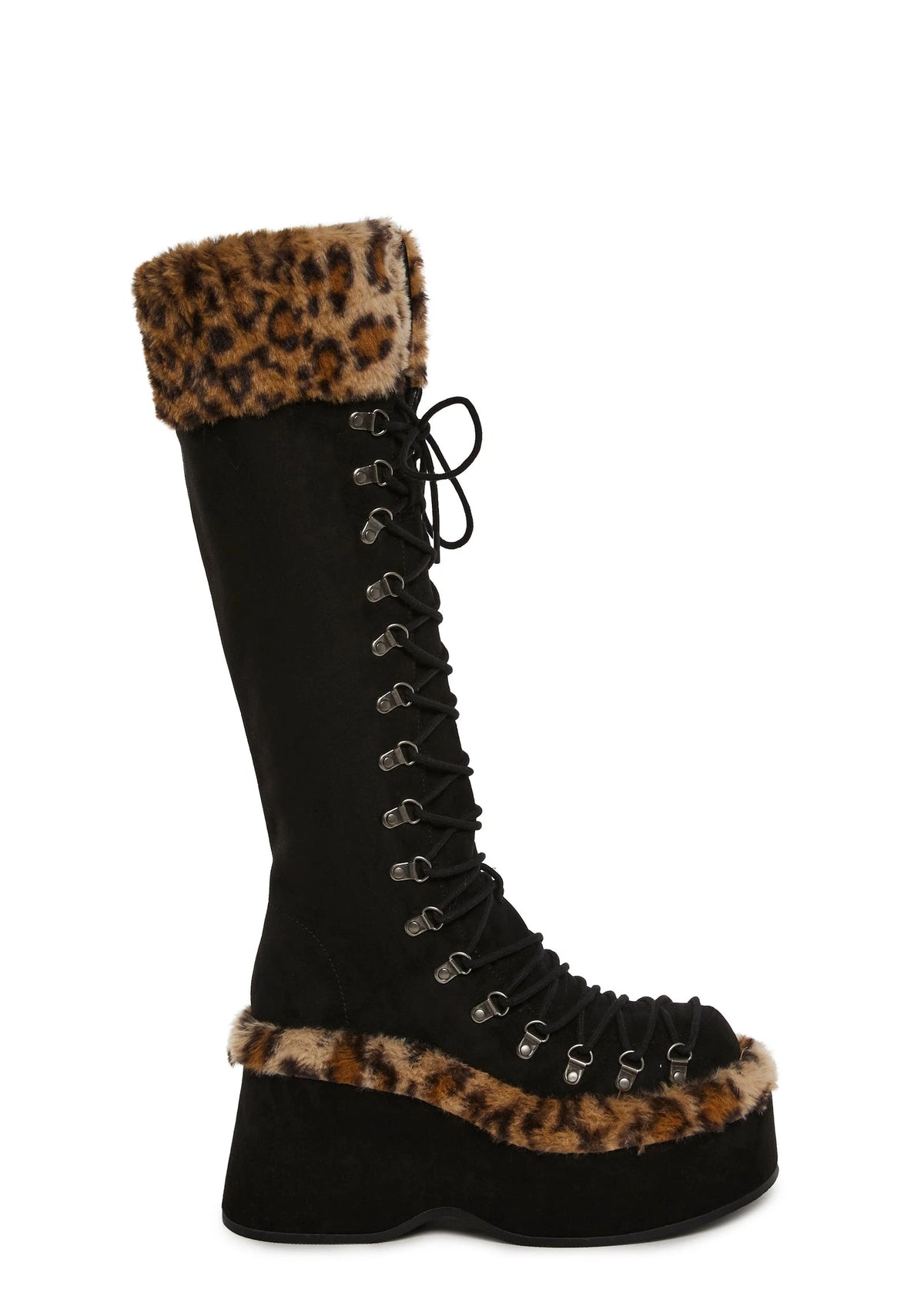 Leopard Trim Platform Lace-Up Boots - Black