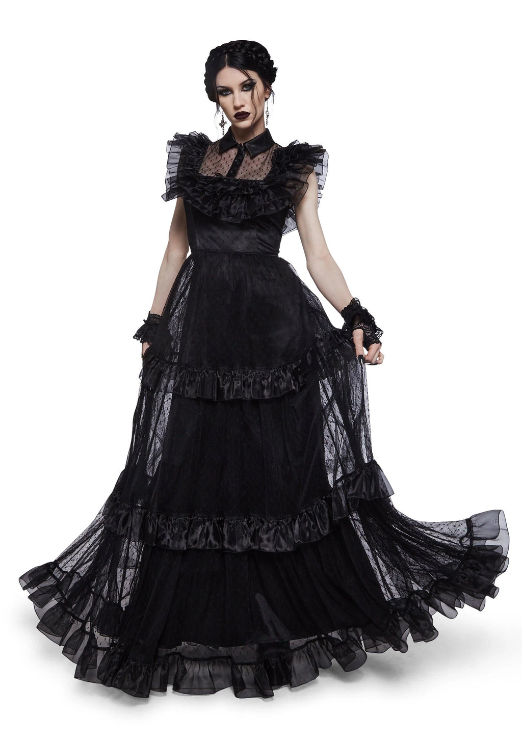 Celestial Print Ruffled Maxi Dress - Black