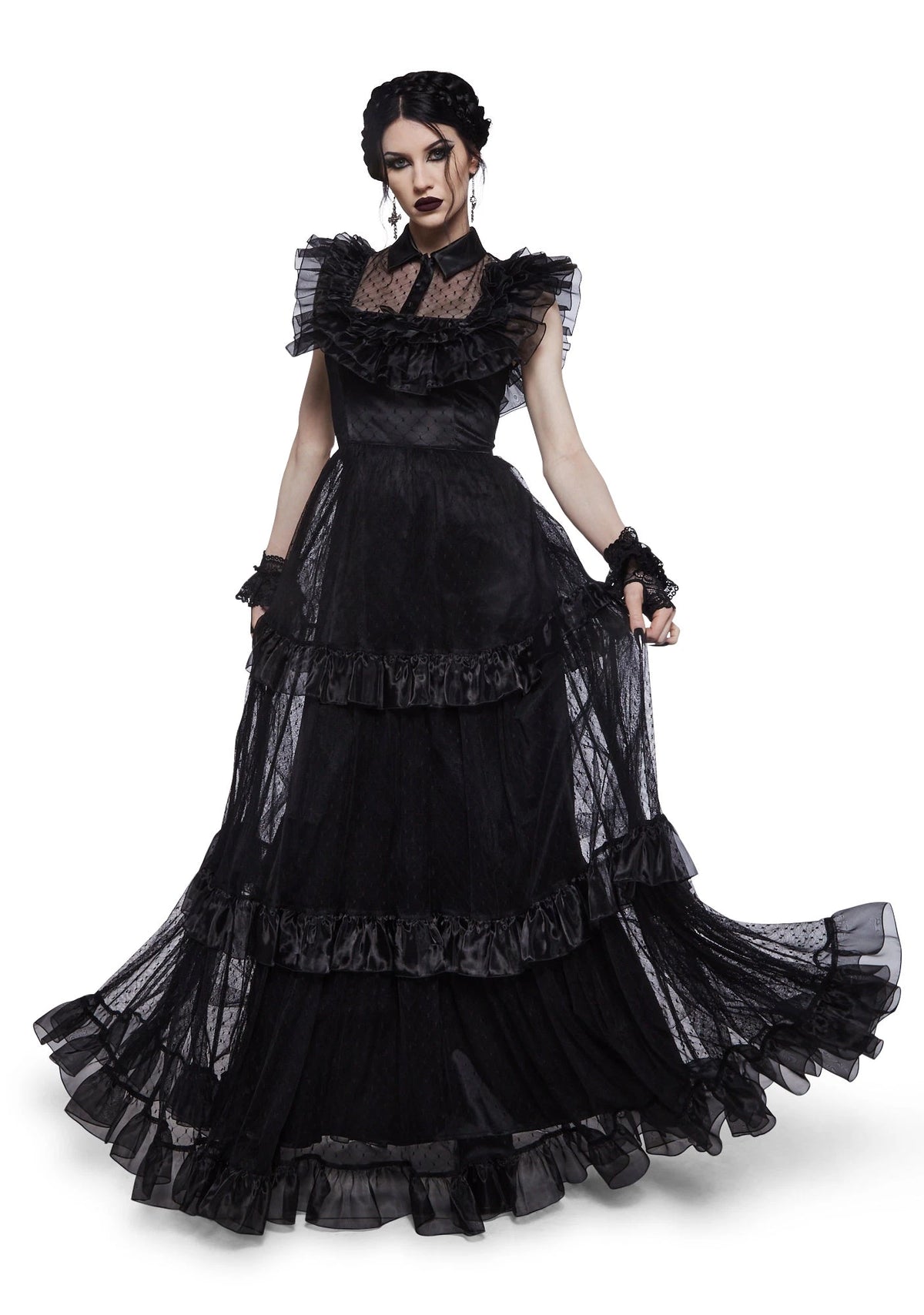 Celestial Print Ruffled Maxi Dress - Black