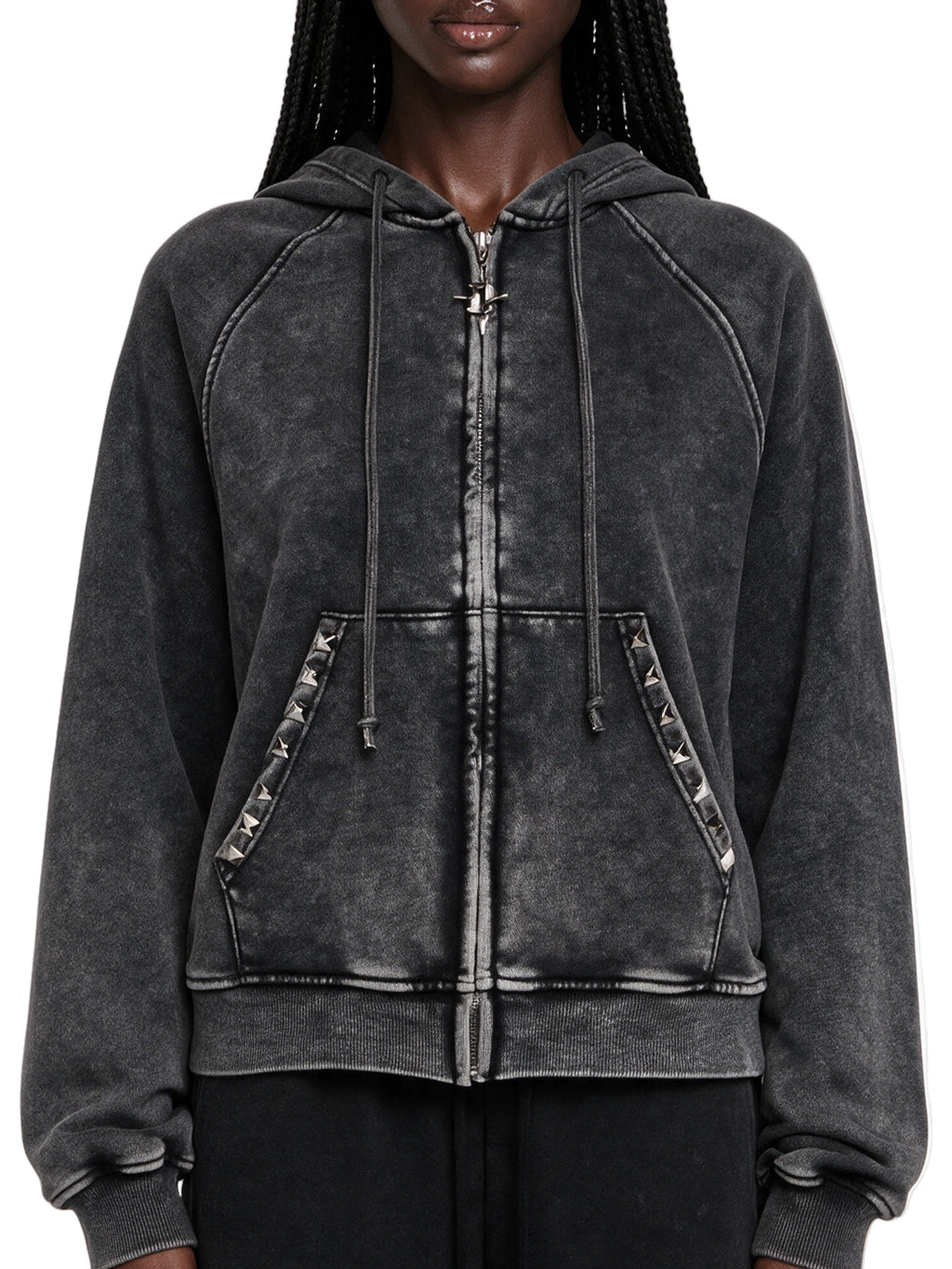 Studded Washed Zip Hoodie - Black