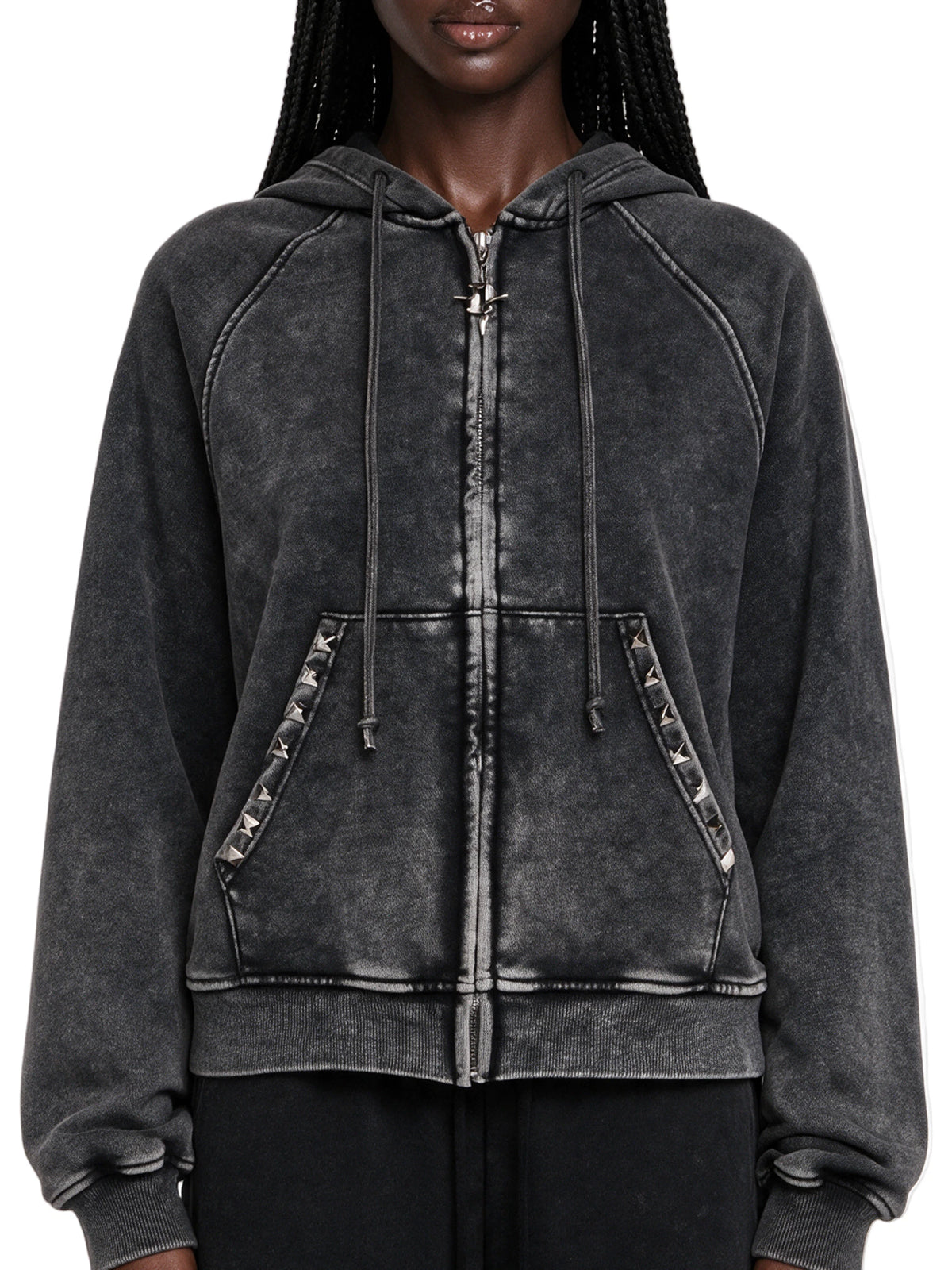 Studded Washed Zip Hoodie - Black