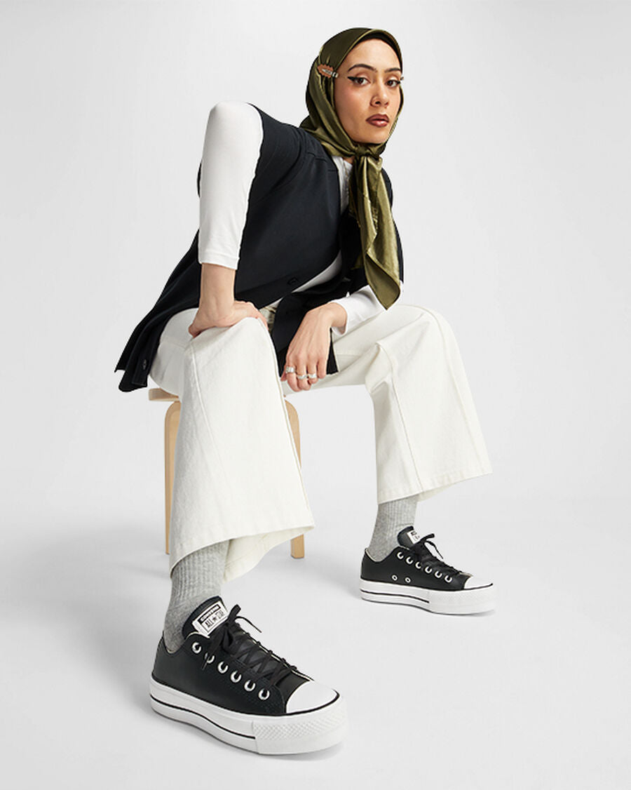 Leather Platform Low Top Sneaker - Black - Black/Black/White