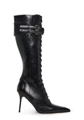 Pointed Toe Lace-Up Stiletto Boots - Black