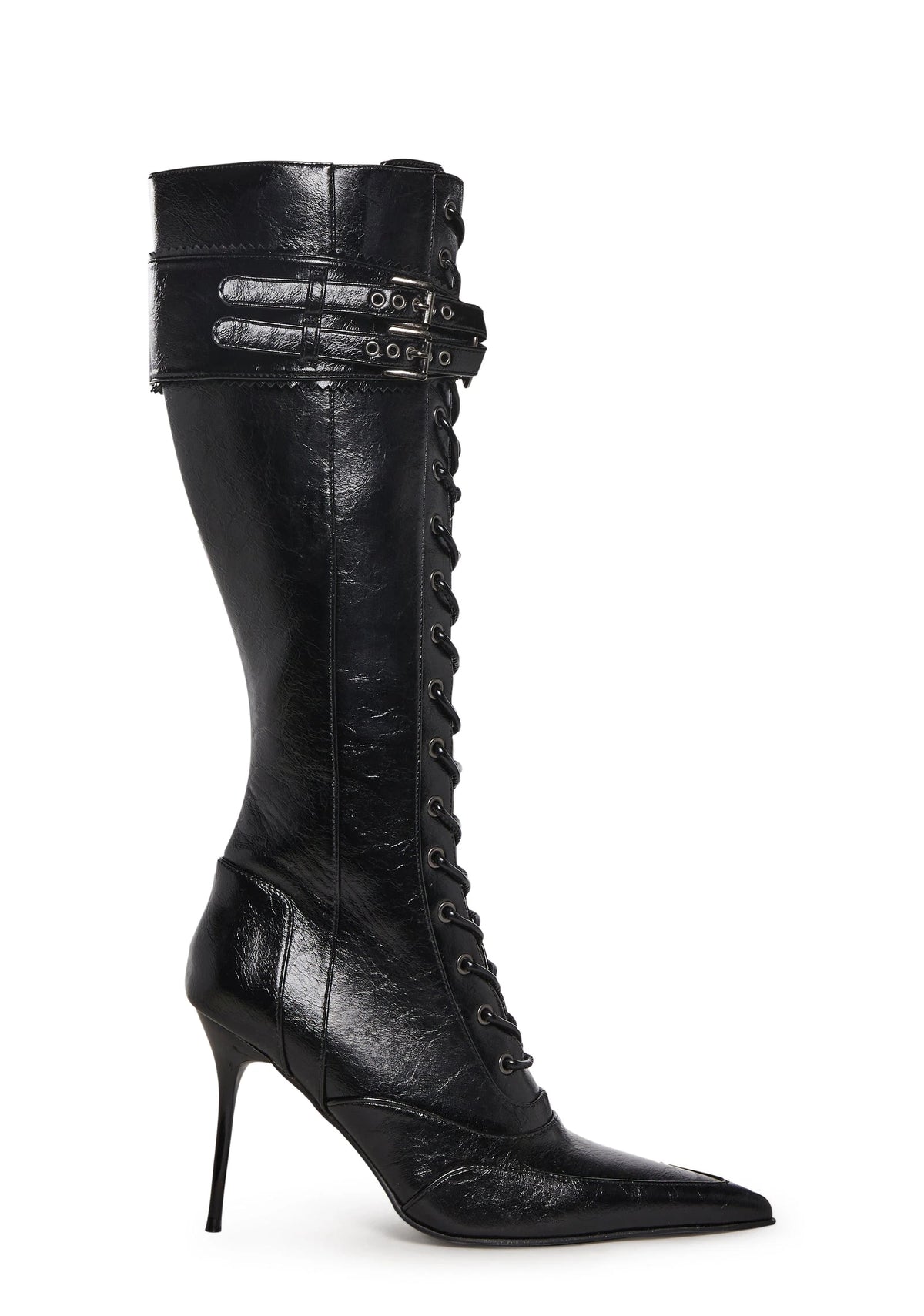 Pointed Toe Lace-Up Stiletto Boots - Black