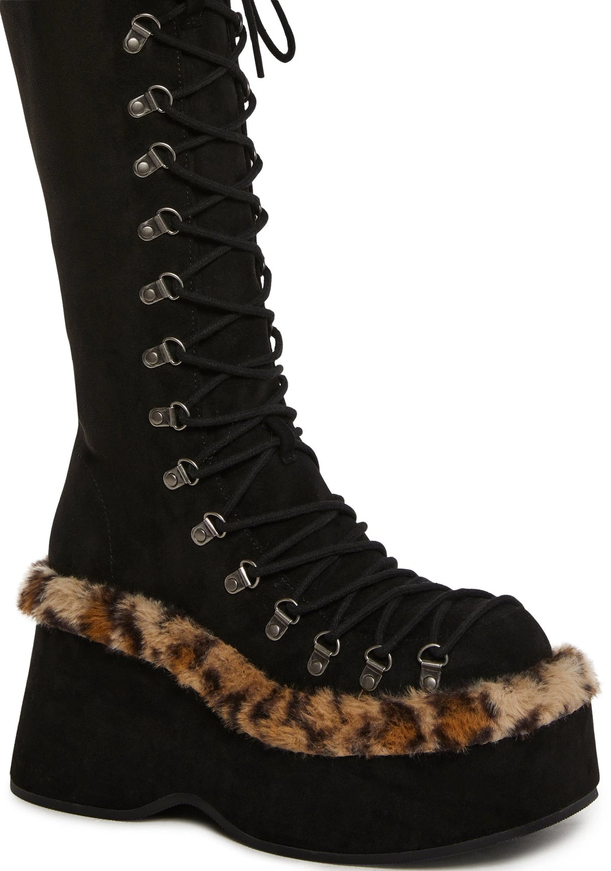 Leopard Trim Platform Lace-Up Boots - Black