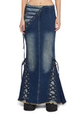 Distressed Lace Panel Maxi Skirt - Blue