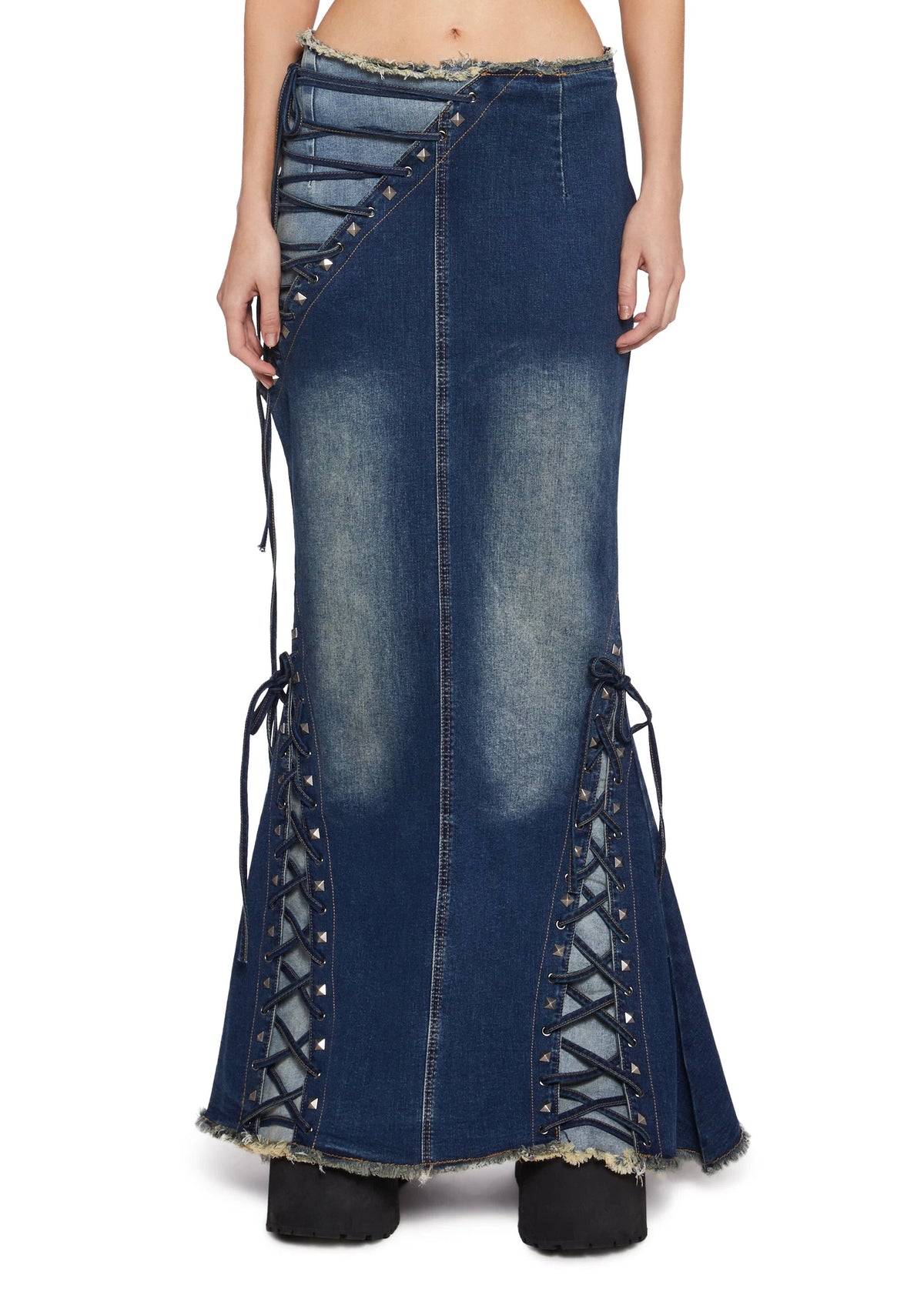 Distressed Lace Panel Maxi Skirt - Blue