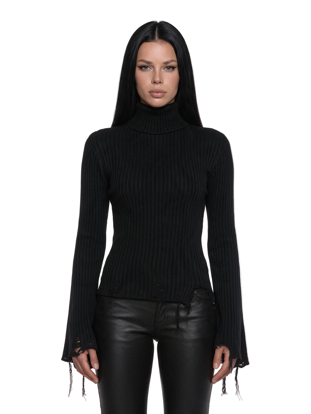Distressed Cropped Turtleneck Sweater - Black