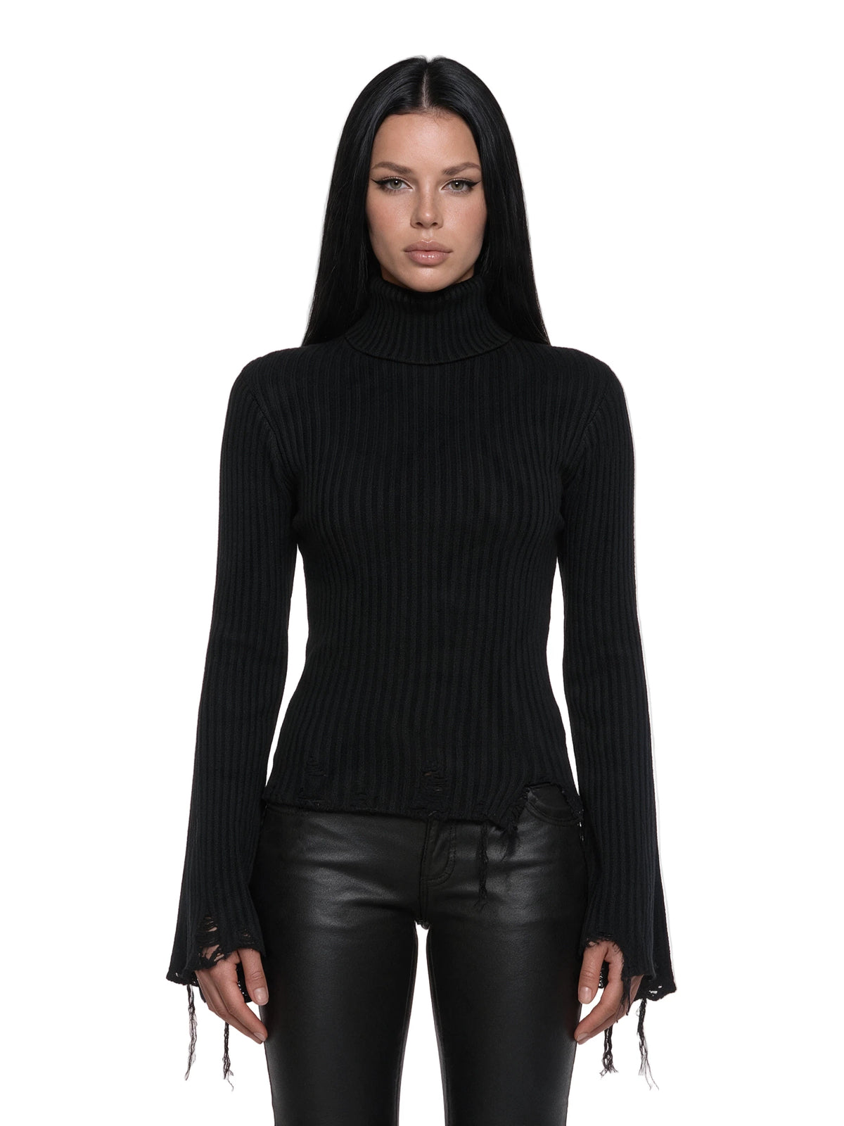 Distressed Cropped Turtleneck Sweater - Black