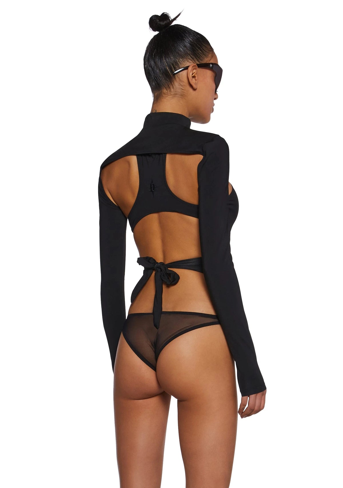 Strappy Mesh Bodysuit With Detachable Shrug - Black