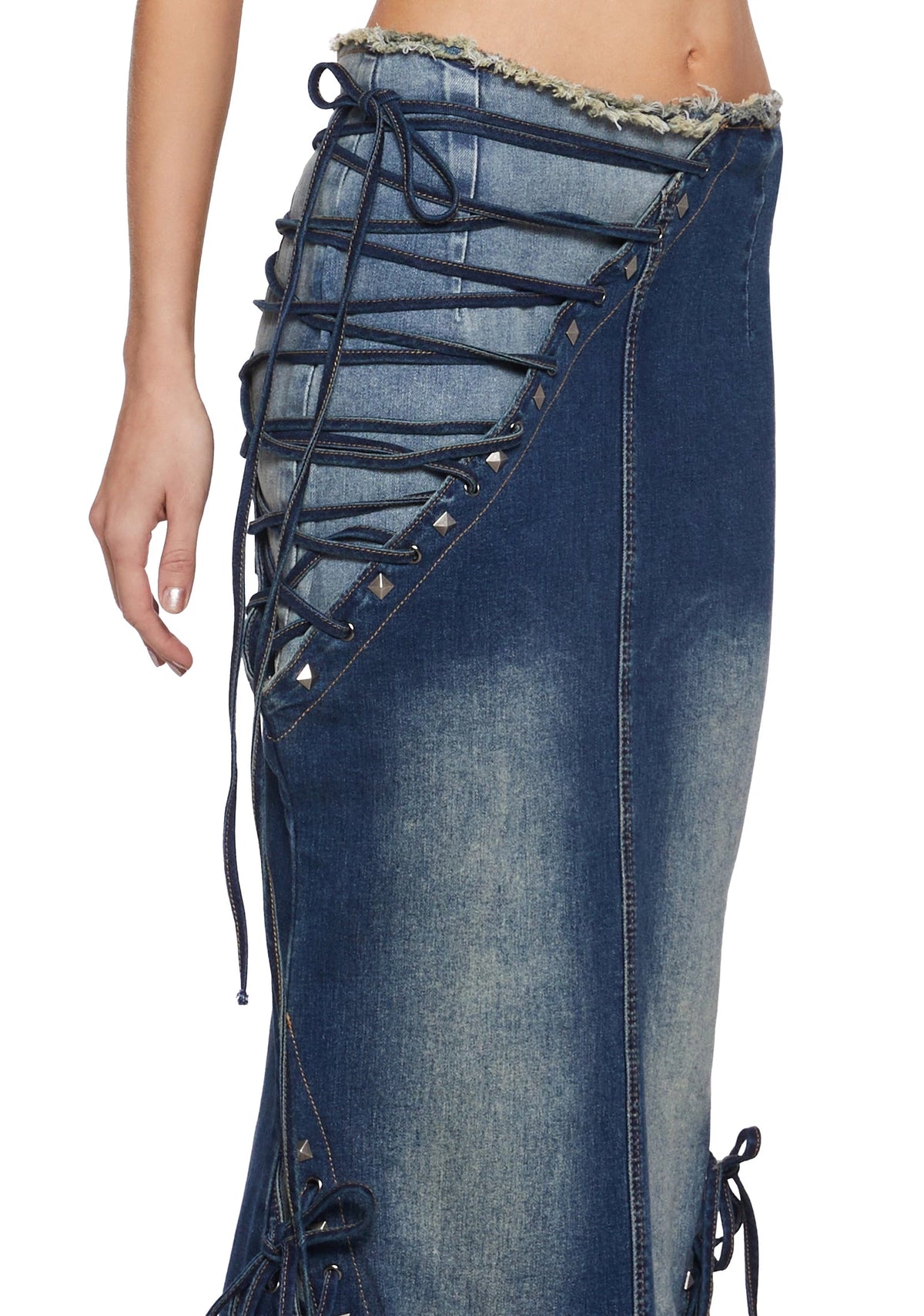 Distressed Lace Panel Maxi Skirt - Blue