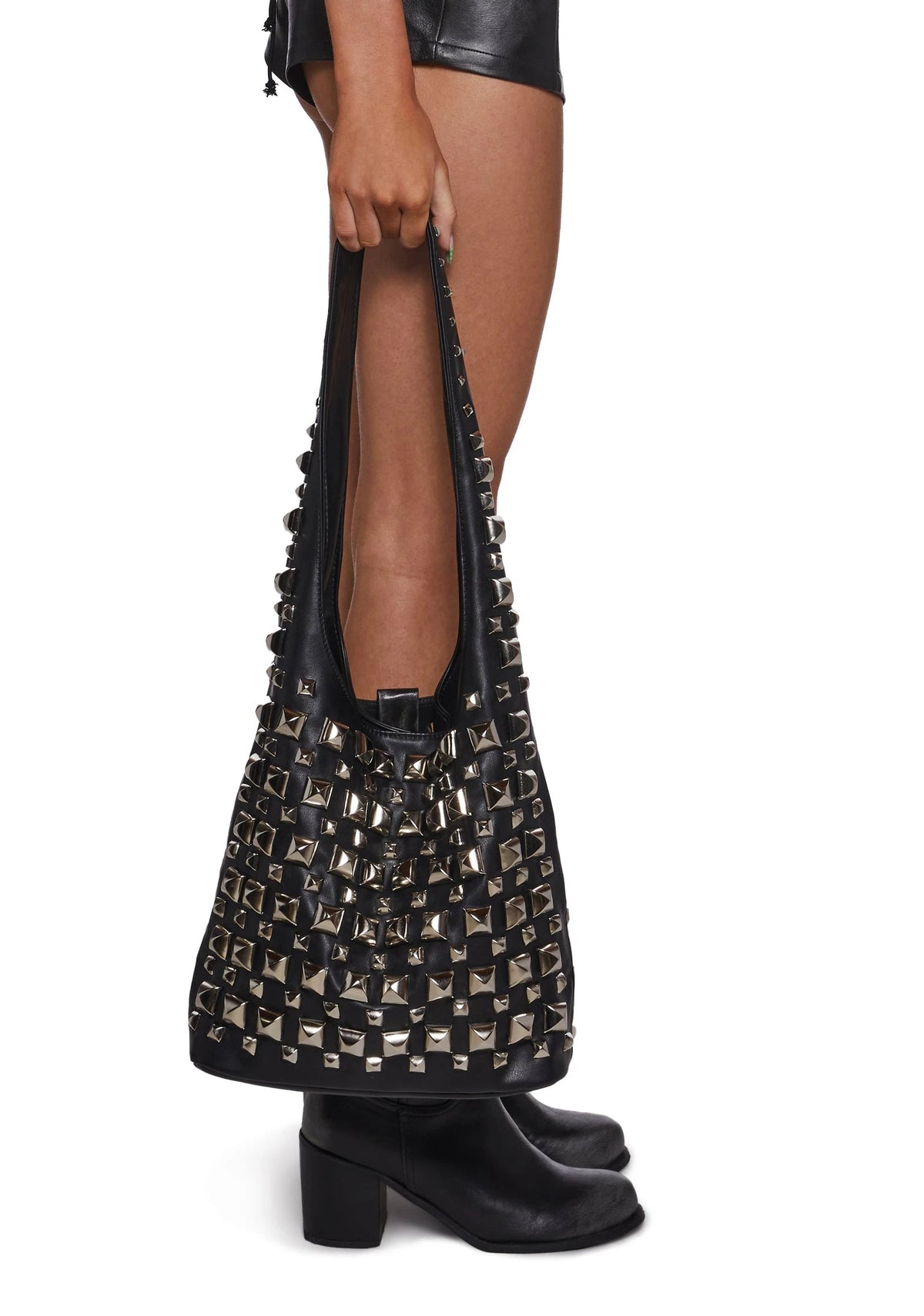 Pyramid Stud Faux Leather Hobo Tote - Black