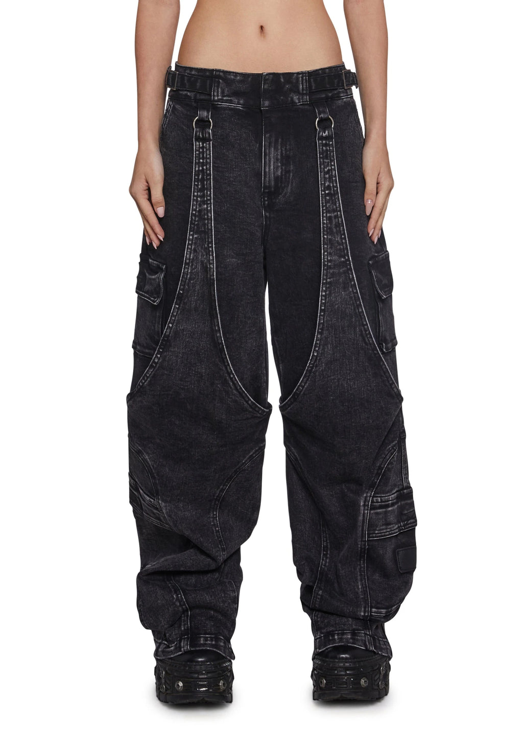 Washed Denim Wide-Leg Cargo Pants - Black