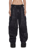 Washed Denim Wide-Leg Cargo Pants - Black