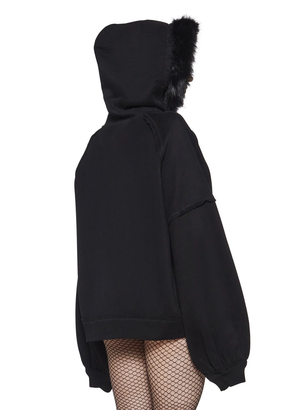 Faux Fur Oversized Zip Hoodie - Black