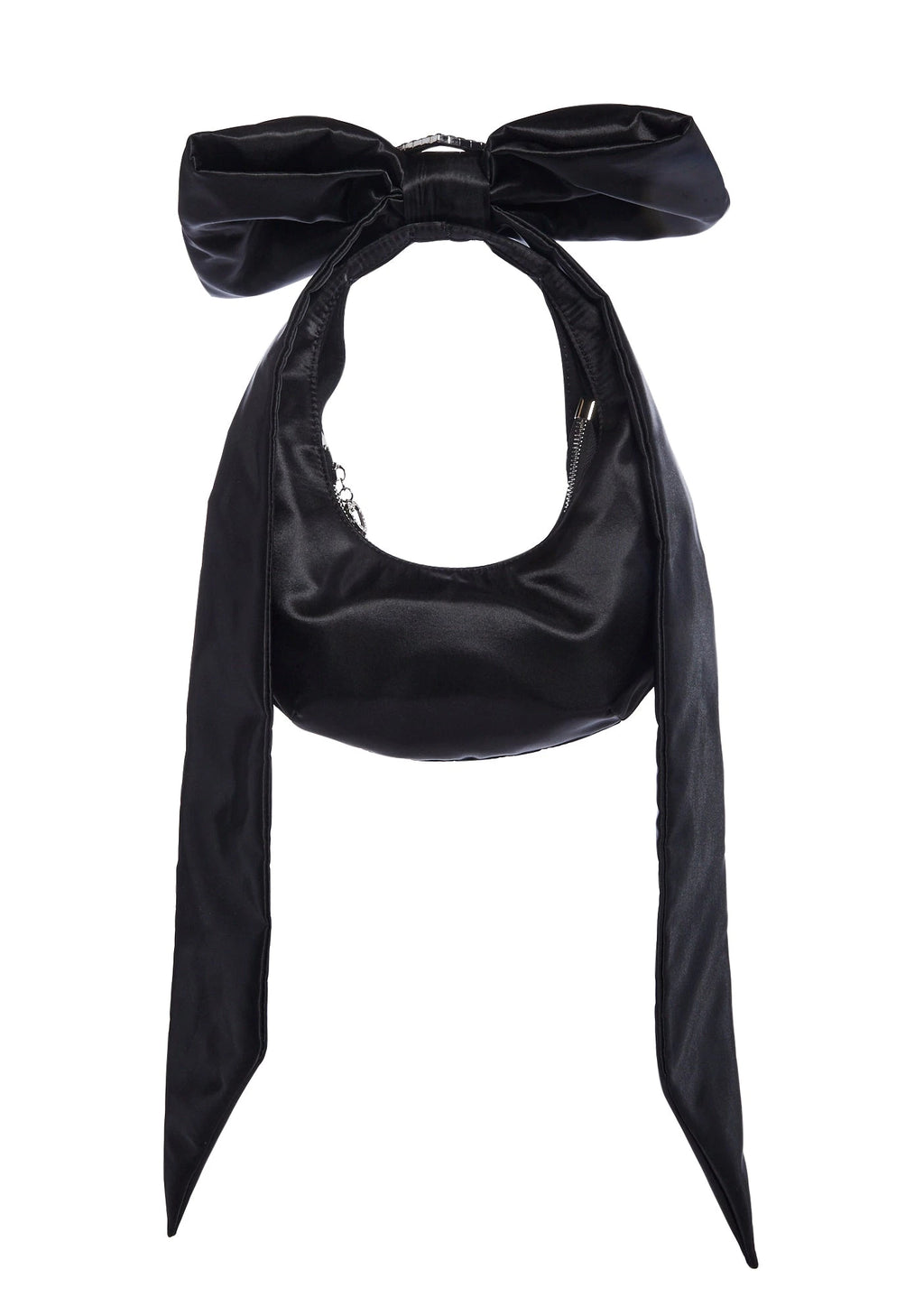 Satin Rhinestone Handle Shoulder Bag - Black