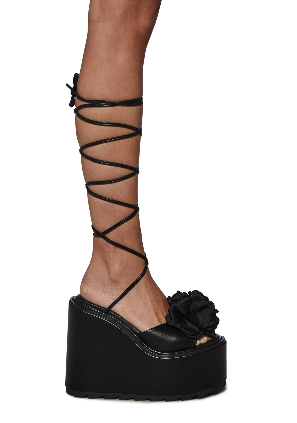 Floral Lace-Up Platform Wedge Sandals - Black