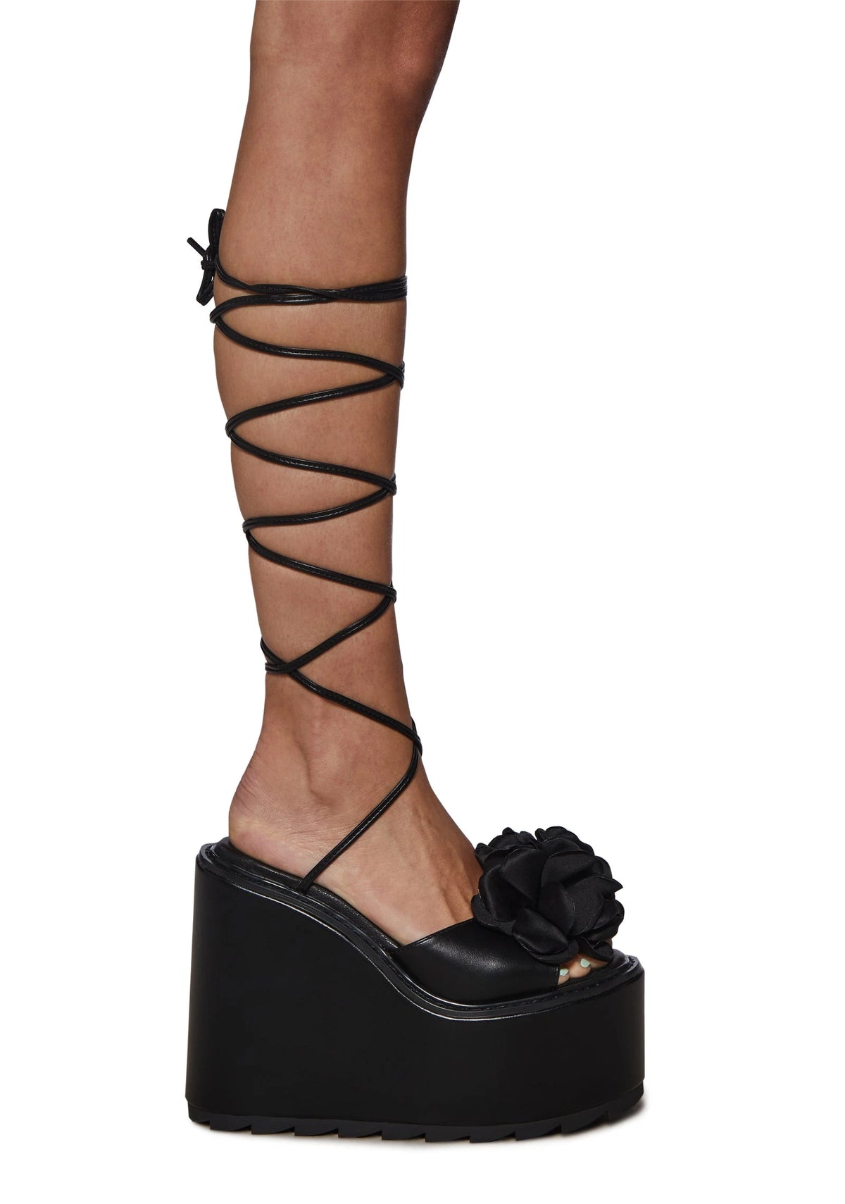 Floral Lace-Up Platform Wedge Sandals - Black