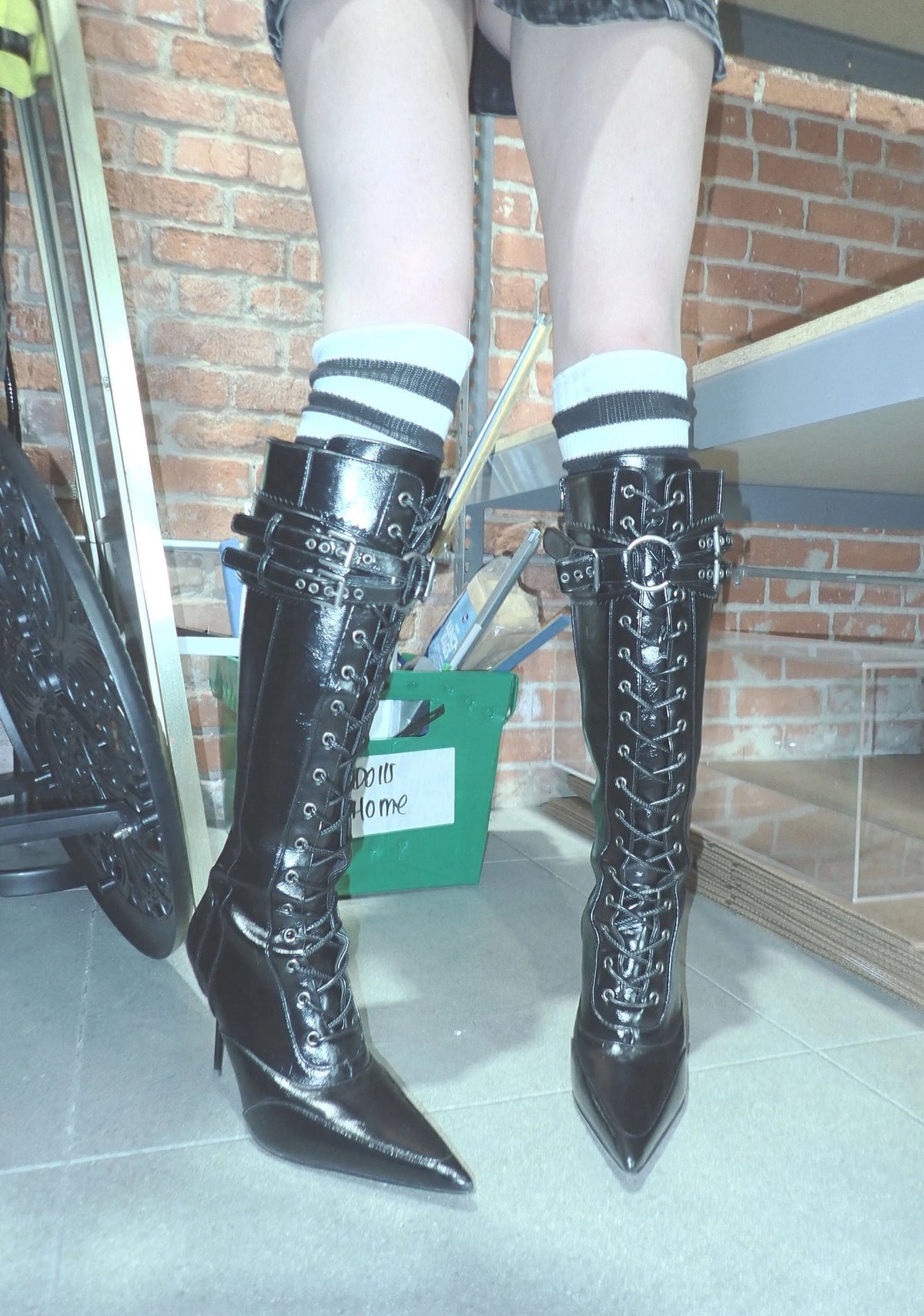 Pointed Toe Lace-Up Stiletto Boots - Black