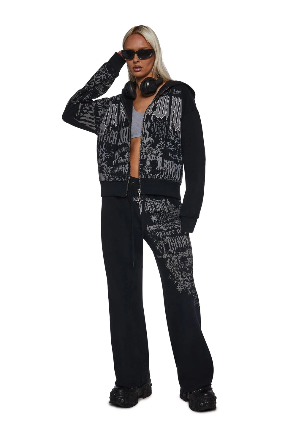 Graphic Wide-Leg Sweatpants - Black
