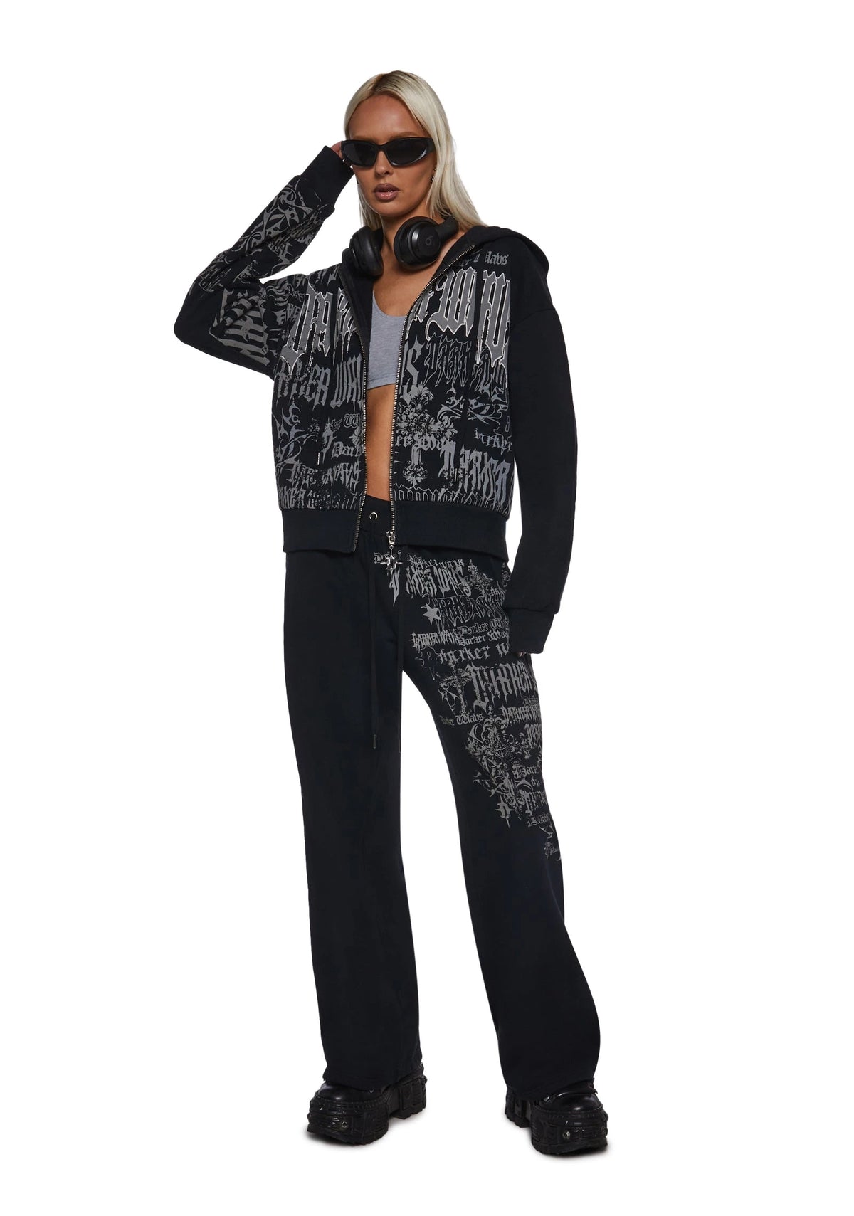Graphic Wide-Leg Sweatpants - Black