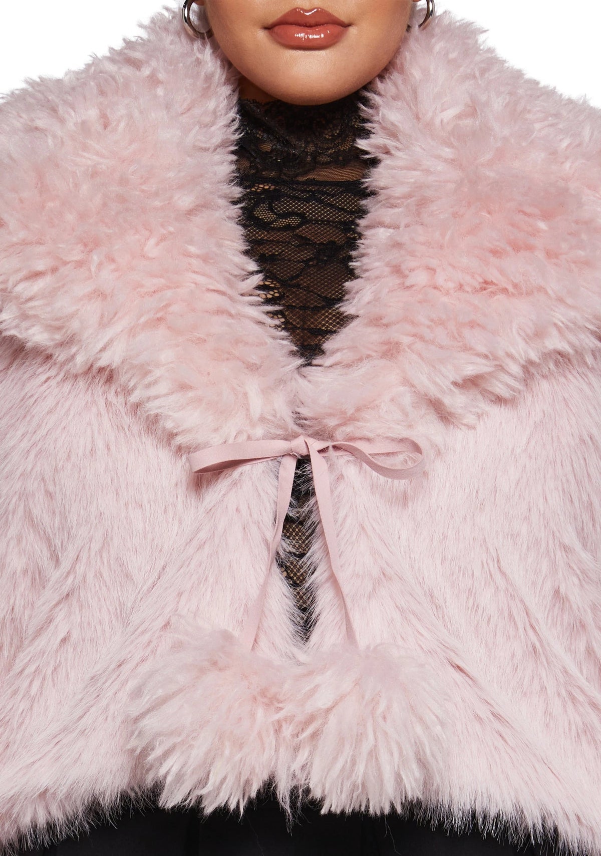 Faux Fur Cropped Tie-Front Jacket - Light Pink